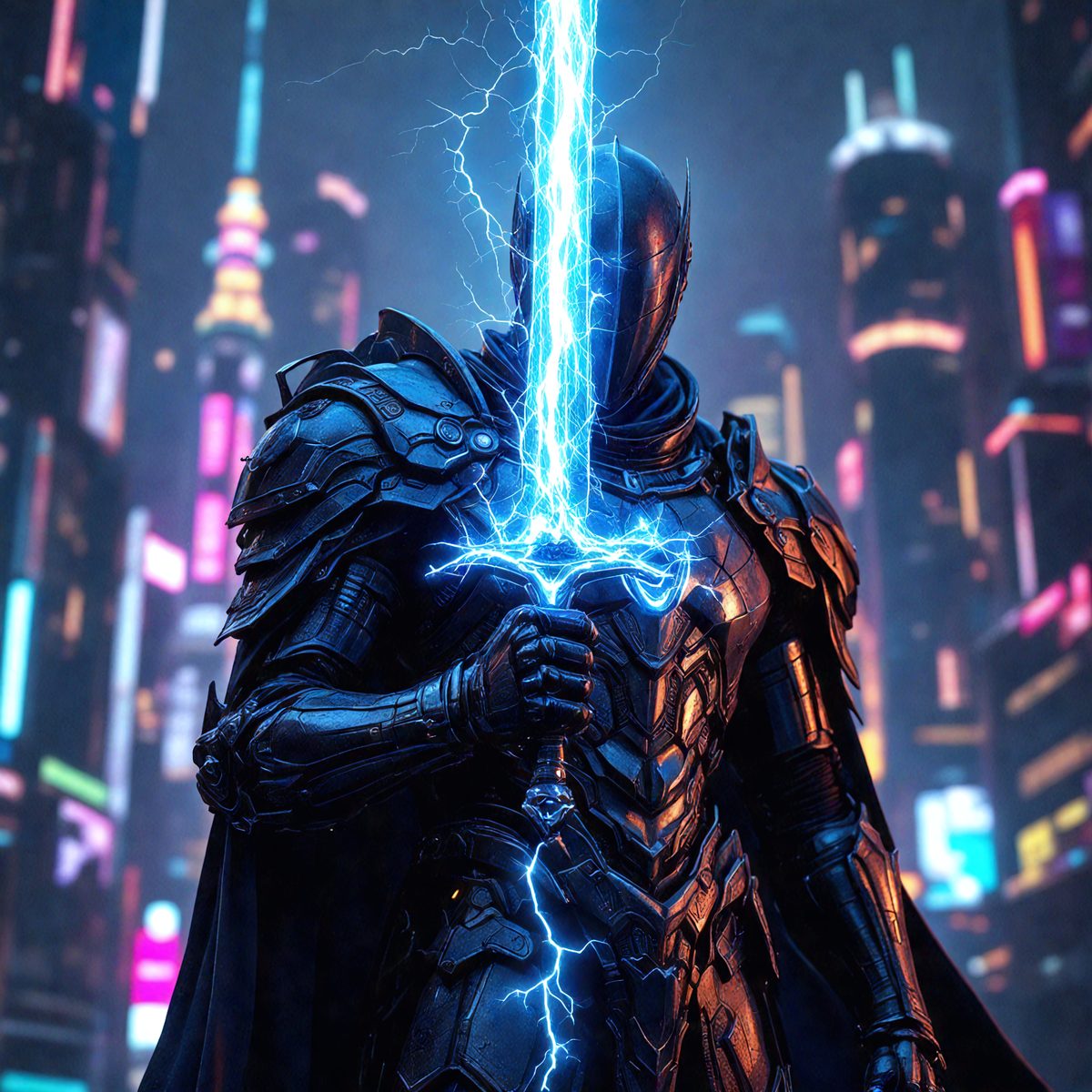 The primary subject of the image is a person dressed in a futuristic armor, holding a sword. The setting is a cityscape with tall buildings in the background. The visual style appears to be a digital art or illustration, creating a dramatic and futuristic atmosphere. The dominant colors are black, silver, and blue, with the armor and sword being predominantly black, and the cityscape featuring various shades of blue and silver.
